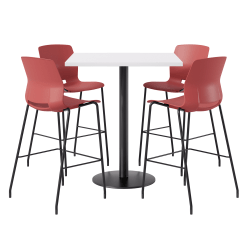 KFI Studios Proof Bistro Square Pedestal Table With Imme Bar Stools, Includes 4 Stools, 43-1/2"H x 42"W x 42"D, Designer White Top/Black Base/Coral Chairs