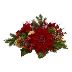 Nearly Natural 14"H Poinsettia, Berry And Golden Pine Cone Candelabrum Artificial Arrangement, 14"H x 14"W x 6"D, Clear/Red