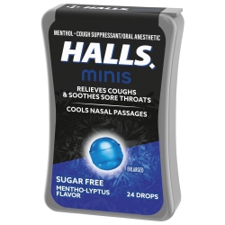 HALLS Mini Sugar Free Mentho-Lyptus Throat Drops, Menthol Flavor, Soothing Relief, 24 Drops, 1 Pack