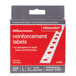 Office Depot® Brand Permanent Self-Adhesive Reinforcement Labels, 1/4" Diameter, White, Pack Of 200