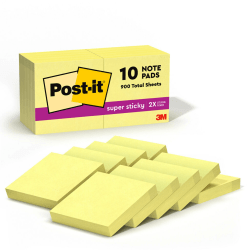 Post-it Super Sticky Notes, 1 7/8 in x 1 7/8 in, 10 Pads, 90 Sheets/Pad, 2x the Sticking Power, Canary Yellow
