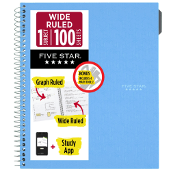 Five Star® Math Notebook with Tools Plus Study App, 1 Subject, Wide Ruled, 8" x 10 1/2", Sky Blue