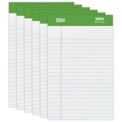 Office Depot® Brand Writing Pads, 5" x 8", Narrow Ruled, 50 Sheets, 100% Recycled, White, Pack Of 6 Pads