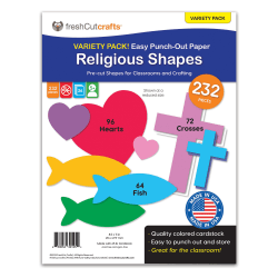 FreshCut Crafts Punch Out Paper Cutouts, Religious Shapes, Cross, Heart & Fish, 232 Pieces