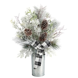 Nearly Natural 28"H Frosted Greenery And Pine Cone Artificial Christmas Arrangement With Plaid Bow And Decorative Tin, 28"H x 13"W x 10"D, Silver