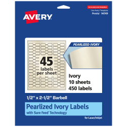 Avery® Pearlized Permanent Labels With Sure Feed®, 94749-PIP10, Barbell, 1/2" x 2-1/2", Ivory, Pack Of 450 Labels