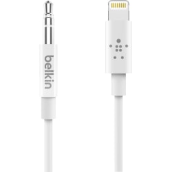 Belkin 3.5 mm Audio Cable With Lightning Connector - 3 ft Lightning/Mini-phone Audio/Data Transfer Cable for Audio Device, iPad, iPhone - First End: 1 x Lightning - Male - Second End: 1 x Mini-phone Stereo Audio - Male - White