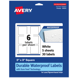 Avery® Waterproof Permanent Labels With Sure Feed®, 94101-WMF5, Square, 3" x 3", White, Pack Of 30
