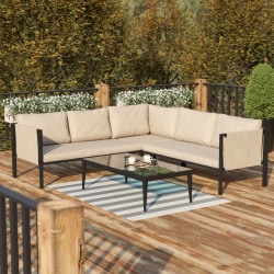 Flash Furniture Lea Steel Indoor/Outdoor Furniture Sectional With Cushions, 26-1/2"H x 85-1/4"W x 85-1/4"D, Beige/Black
