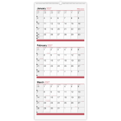 Office Depot Brand 3-Month Monthly Wall Calendar, 12" x 27", White, January 2027 to December 2027, OD30302827