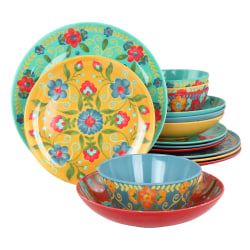 Laurie Gates California Designs Elena Amour 16-Piece Floral Round Melamine Dinnerware Set, Multicolor