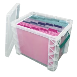 Advantus Super Stacker Plastic Storage Container With Built In Handles And Snap Lid, 19 Liters, Clear/Sea Breeze