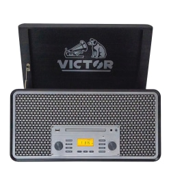 Victor Monument VWRP-5000 Dual-Bluetooth® Belt-Drive 8-In-1 Music Center With Turntable And AM/FM Radio, 8.7"H x 15"W x 18.9"D, Metallic