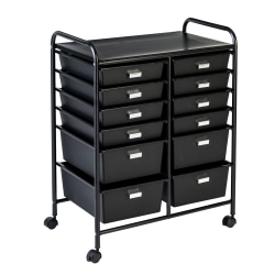 Honey Can Do Plastic 12-Drawer Rolling Storage And Craft Cart Organizer, 32" x 25" x 15", Black
