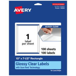 Avery® Glossy Permanent Labels With Sure Feed®, 94264-CGF100, Rectangle, 10" x 7-1/2", Clear, Pack Of 100