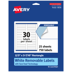 Avery® Removable Labels With Sure Feed®, 94210-RMP25, Rectangle, 2/3" x 3-7/16", White, Pack Of 750 Labels