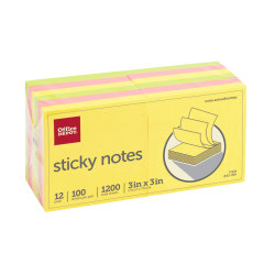 Office Depot® Brand Sticky Notes, 3" x 3", Assorted Neon Colors, 100 Sheets Per Pad, Pack Of 12 Pads, 21332-BRIGHT