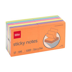 Office Depot® Brand Sticky Notes, 3" x 3", Assorted Vivid Colors, 100 Sheets Per Pad, Pack Of 12 Pads