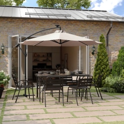 Flash Furniture Sedona Commercial Grade 10ft Round Solar LED Cantilever Umbrella with Easy Lift and Tilt Function, Built in Cross Base, Tan