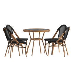 Flash Furniture Marseille Indoor/Outdoor Commercial Bistro 31.5" Table, Textilene, Glass Top with 4 Stack Chairs, Black Textilene/Natural Frame