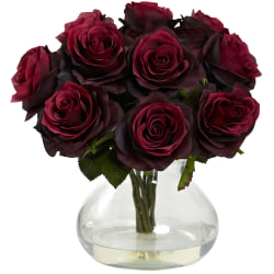 Nearly Natural Rose 11"H Plastic Floral Arrangement With Vase, 11"H x 11"W x 11"D, Burgandy
