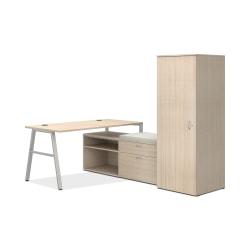 HON Mod 84"W Table Computer Desk With 2 Storage Credenzas And Wardrobe, Desert Oak/Silver/Cool Neutral