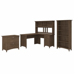 Bush® Furniture Salinas 60"W L Shaped Desk with Hutch, Lateral File Cabinet and 5 Shelf Bookcase, Ash Brown, Standard Delivery