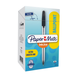 Paper Mate® InkJoy 50ST Stick Ballpoint Pens, Medium Point, 1.0 mm, Clear Barrels, Black Ink, Box of 60
