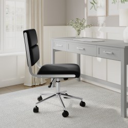 Martha Stewart Lulu Upholstered Office Chair, Black Faux Leather/Polished Nickel Frame