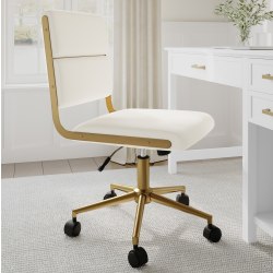 Martha Stewart Lulu Upholstered Office Chair, Off White Faux Leather/Polished Brass Frame