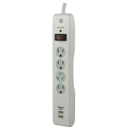 GE 4-Outlet/2 USB Port Surge Protector, 3' Cord, White