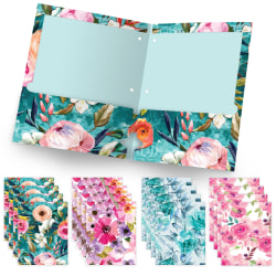 Global Deluxe Designer 3-Hole Punched 2-Pocket Folders, Letter Size, Assorted Floral Patterns, Pack Of 16 Folders