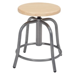 National Public Seating® 19" - 25" Height Adjustable Swivel Stool, Wooden Seat, New Zealand Pine, Grey Frame