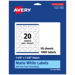 Avery® Permanent Labels With Sure Feed®, 94602-WMP50, Heart, 1-1/2" x 1-1/2", White, Pack Of 1,000
