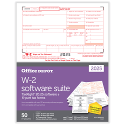 Office Depot® W-2 Laser Tax Forms With Software, 6-Part, 2-Up, 8-1/2" x 11", Pack Of 50 Form Sets, 56225