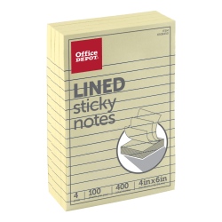 Office Depot® Brand Lined Sticky Notes, 4" x 6", Pastel Yellow, 100 Sheets Per Pad, Pack Of 4 Pads
