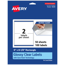 Avery® Glossy Permanent Labels With Sure Feed®, 94259-CGF50, Rectangle, 5" x 8-1/8", Clear, Pack Of 100