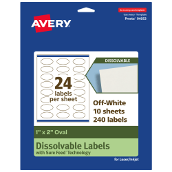 Avery® Print-to-the-Edge Dissolvable Labels With Sure Feed® Technology, 94053-DWMP10, Oval, 1"x2", Matte Off-White, Pack Of 240