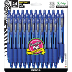 Zebra® Pen Z-Grip® Retractable Ballpoint Pens, Pack Of 24, Medium Point, 1.0 mm, Blue Barrel, Blue Ink