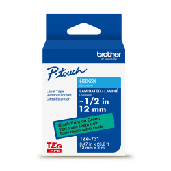 Brother P-Touch TZe731, Laminated, ~1/2in x 26.2ft (12mm x 8m), Black on Green Label Tape