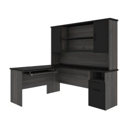 Bestar Norma 71"W L-Shaped Desk With Hutch, Black/Bark Gray