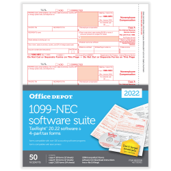 Office Depot® Brand 1099-NEC Laser Tax Forms With Software, 4-Part, 3-Up, 8-1/2" x 11", Pack Of 50 Form Sets