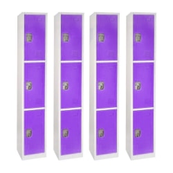 Alpine Large 3-Tier Steel Lockers, 72"H x 12"W x 12"D, Purple, Pack Of 4 Lockers