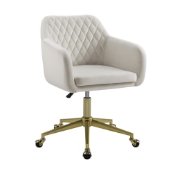 Linon Inman Quilted Fabric Mid-Back Home Office Chair, Off-White/Gold