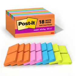 Post-it® Super Sticky Notes, 1-7/8 in x 1-7/8 in, 18 Pads, 90 Sheets/Pad, 2x the Sticking Power, Energy Boost Collection