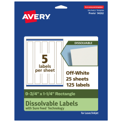 Avery® Print-to-the-Edge Dissolvable Labels With Sure Feed® Technology, 94262-DWMP25, Rectangle, 9-3/4"x1-1/4", Matte Off-White, Pack Of 125