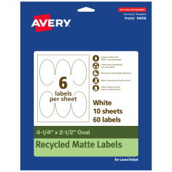 Avery® Recycled Paper Labels, 94058-EWMP10, Oval, 4-1/4" x 2-1/2", White, Pack Of 60