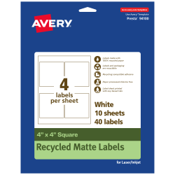 Avery® Recycled Paper Labels, 94100-EWMP10, Square, 4" x 4", White, Pack Of 40