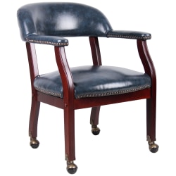 Boss Captain's Guest Arm Chair, With Casters, Blue/Mahogany