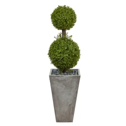 Nearly Natural Boxwood Double Ball Topiary 4’H Artificial Tree With Planter, 48"H x 13"W x 13"D, Green/Gray